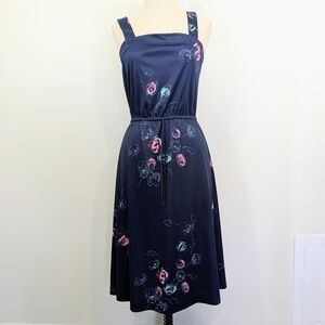 VTG Sansage 80s silky poly zip up floral sleeveless mid calf sun dress. Sz 12